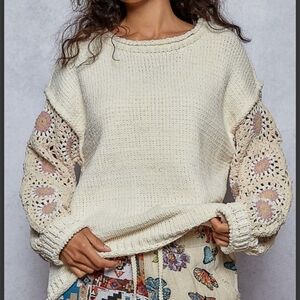 POL Crochet Sleeve Sweater | Soft Cream Boho Knit | Granny Square Detail